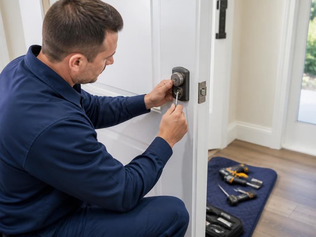 Locksmith fitting a replacement lock to a Melbourne door