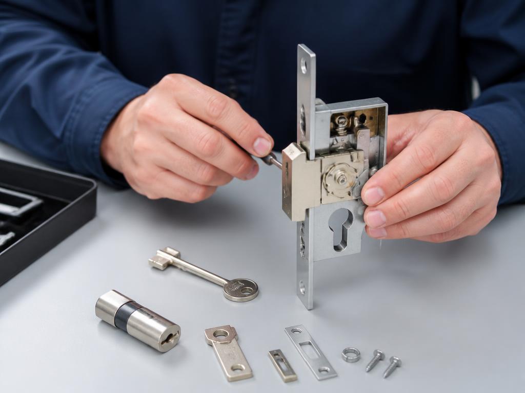 Locksmith rekeying a lock cylinder on a workbench